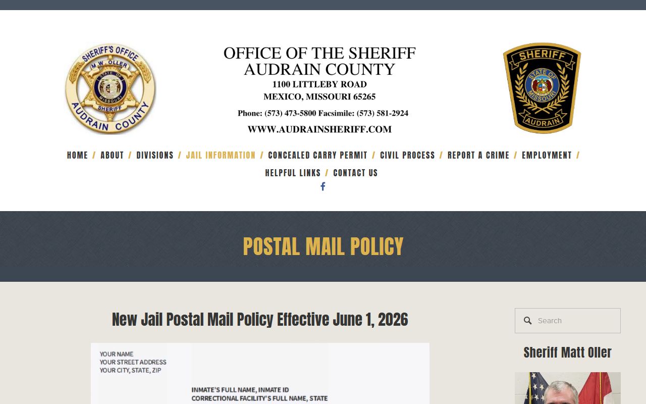 Audrain County inmate records postal mail policy source